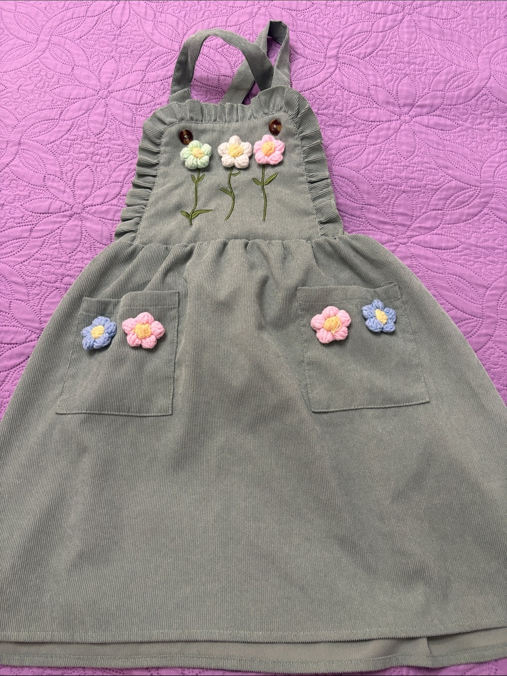 Source Unknown Olive Green Floral Crochet Applique Overalls Dress